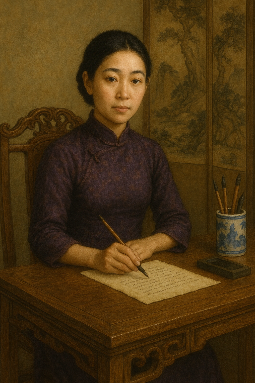 Liang at her writing desk